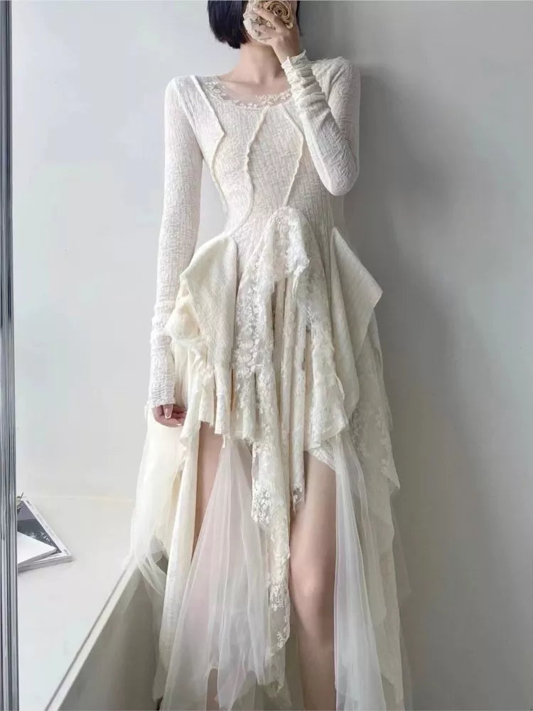 jinran - French Elegant Women's Vintage Dress 2022 Autumn Winter New Irregular Lace Splicing Evening Long Bridesmaid Party Dress
