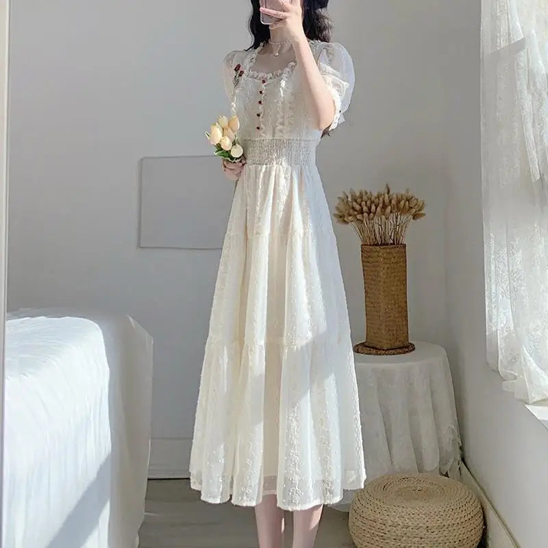 jinran Vintage Lace Fairy Midi Dress Women 2024 Summer French Floral Elegant Party Princess Dress Ladies Party One-piece Dress Korean