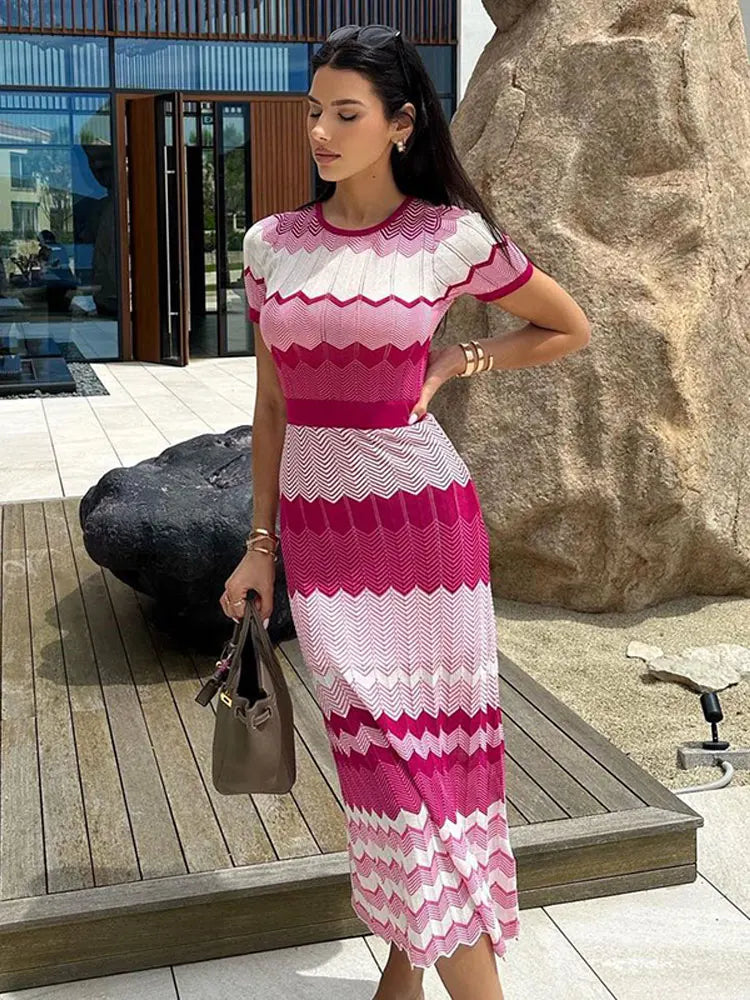 jinran Women Contrast Knitted Slim Maxi Dress Fashion Round Neck Short Sleeve Dresses 2024 Autumn Elegant Lady Vacation Street Vestido