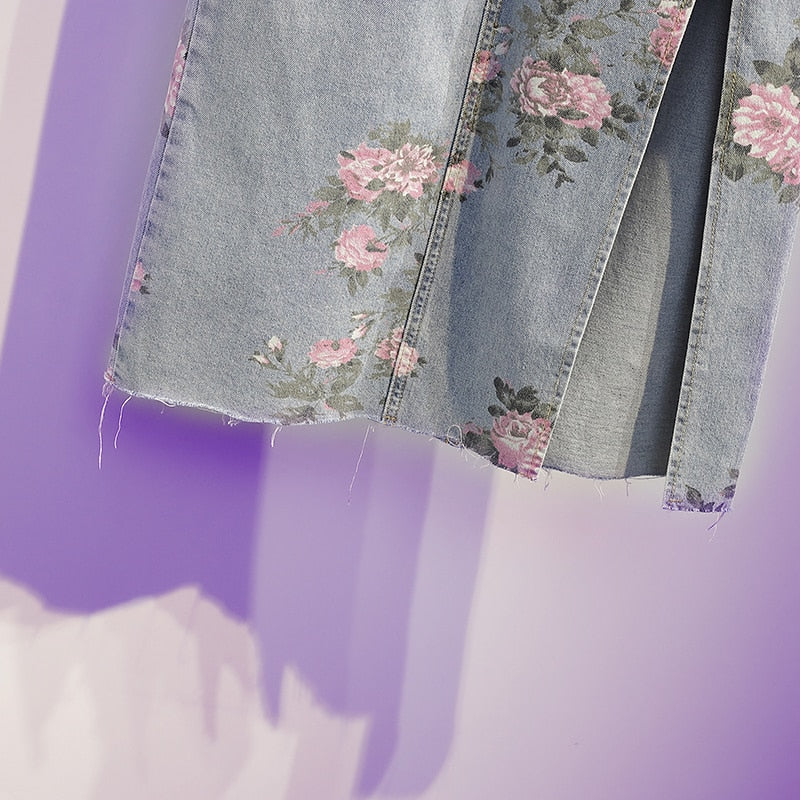 jinran Spring And Summer Trendy Flower Split Denim Skirt Women's 5XL Slightly Fat MM Thin Bag Hip Mid-length A-line Skirt