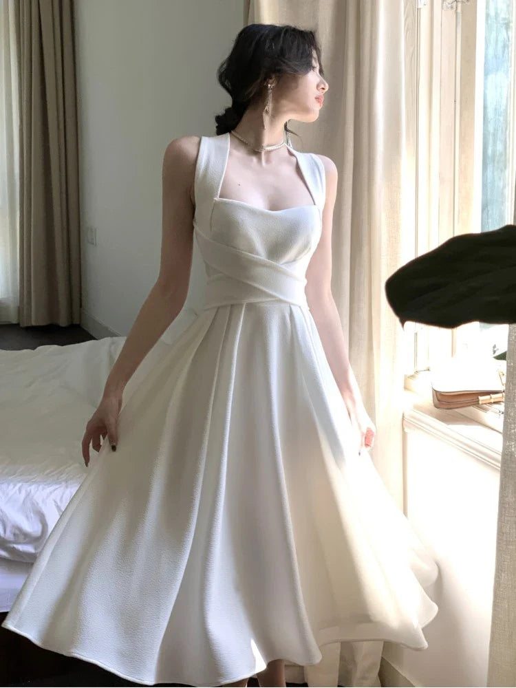 jinran Korean Elegant Lace Up Evening Party Midi Dress Summer New Women Fashion Slim A-Line Vestidos Female Casual One-piece Clothes