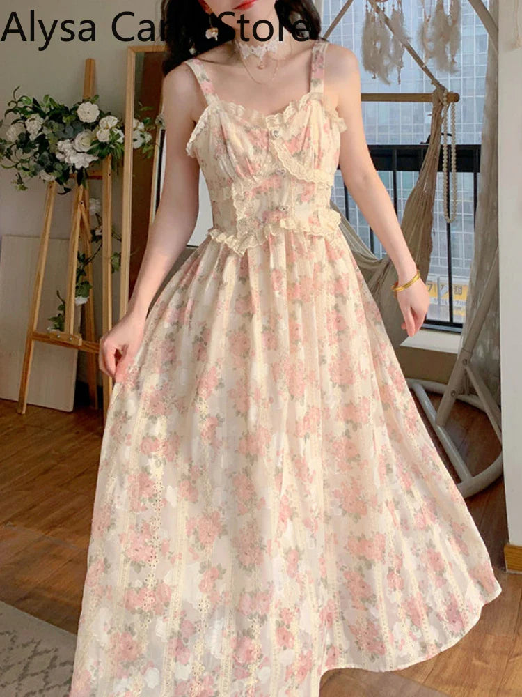 jinran Chiffon Lace Strap Dress Women Floral Embroidery Fairy Vintage Long Dress Female Sweet Princess Casual Party Dresses 2024 Summer