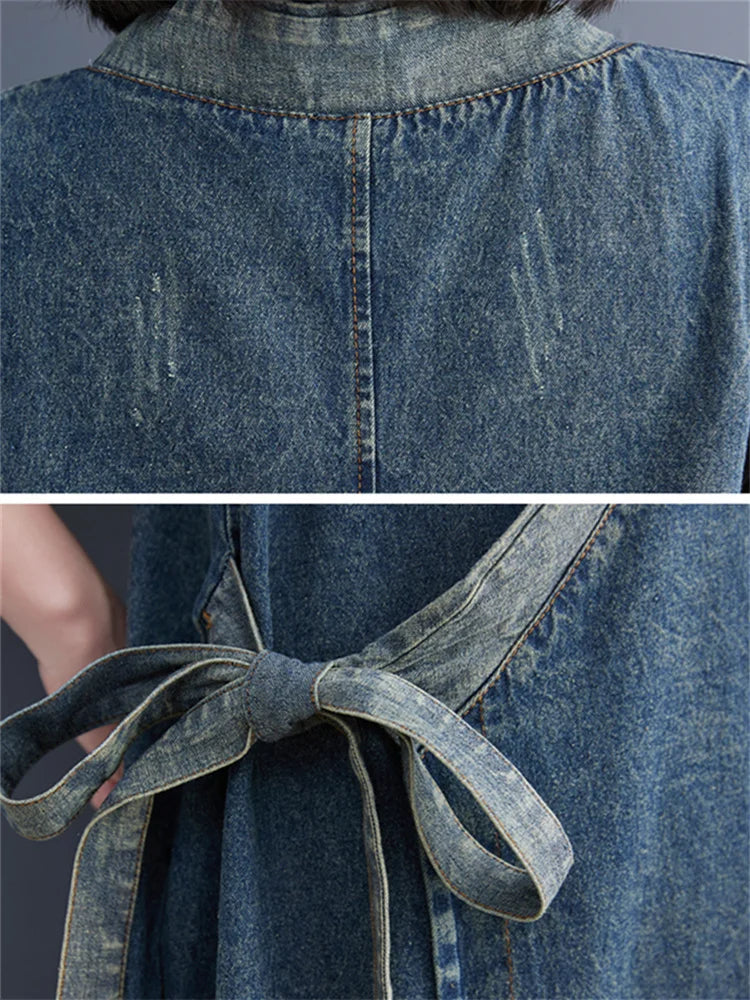 jinran Oversized Summer Fashion Vintage Loose Sleeveless Denim Dress Korea New Ladies Casual Big Size Lace Up Blue Denim Vest Dress