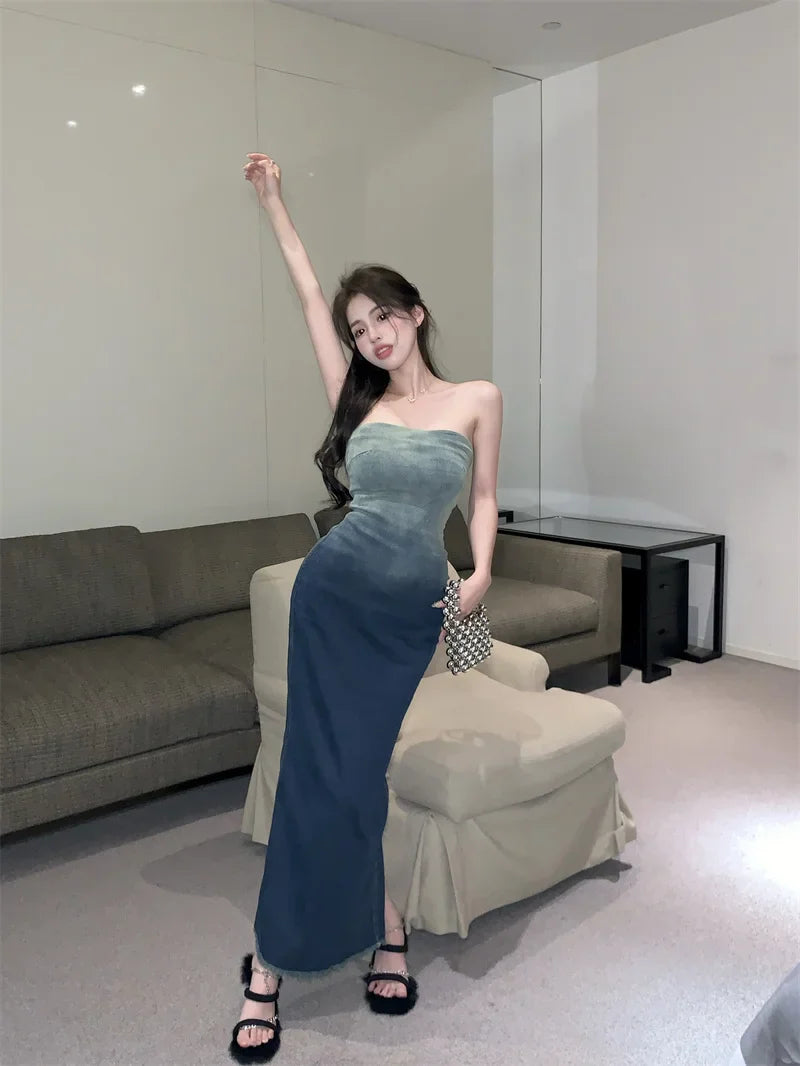jinran Eroticis Backless Zipper Split Dress Party Blue Denim Female Long Dress for Women Clothes Summer Gradient Bandeau Denim Dresses