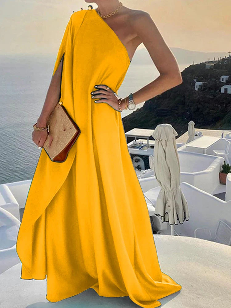 jinran Women Sexy Off Shoulder Boho Long Dress Elegant One Shoulder Loose Party Dress 2024 Summer Fashion Button Solid Beach Maxi Dress