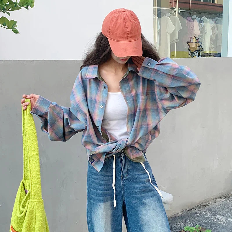 Colorful Plaid Shirt Men Fashion Vintage Shirt Men Streetwear Loose Long Sleeved Shirt Mens Oversized Casual Shirts M-2XL