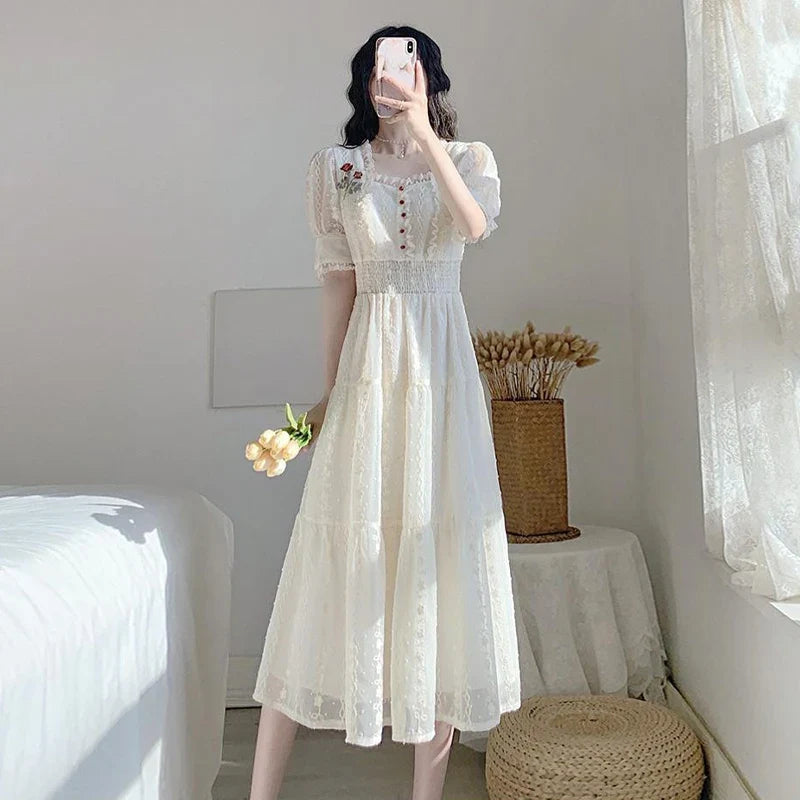 jinran Vintage Lace Fairy Midi Dress Women 2024 Summer French Floral Elegant Party Princess Dress Ladies Party One-piece Dress Korean
