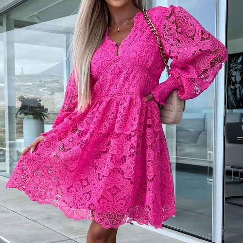 jinran Summer Loose Vintage Solid Color Lace Dress Fashion V-Neck Flare Sleeve Embroidery Dress Women New Hollow Out Pattern Mini Dress
