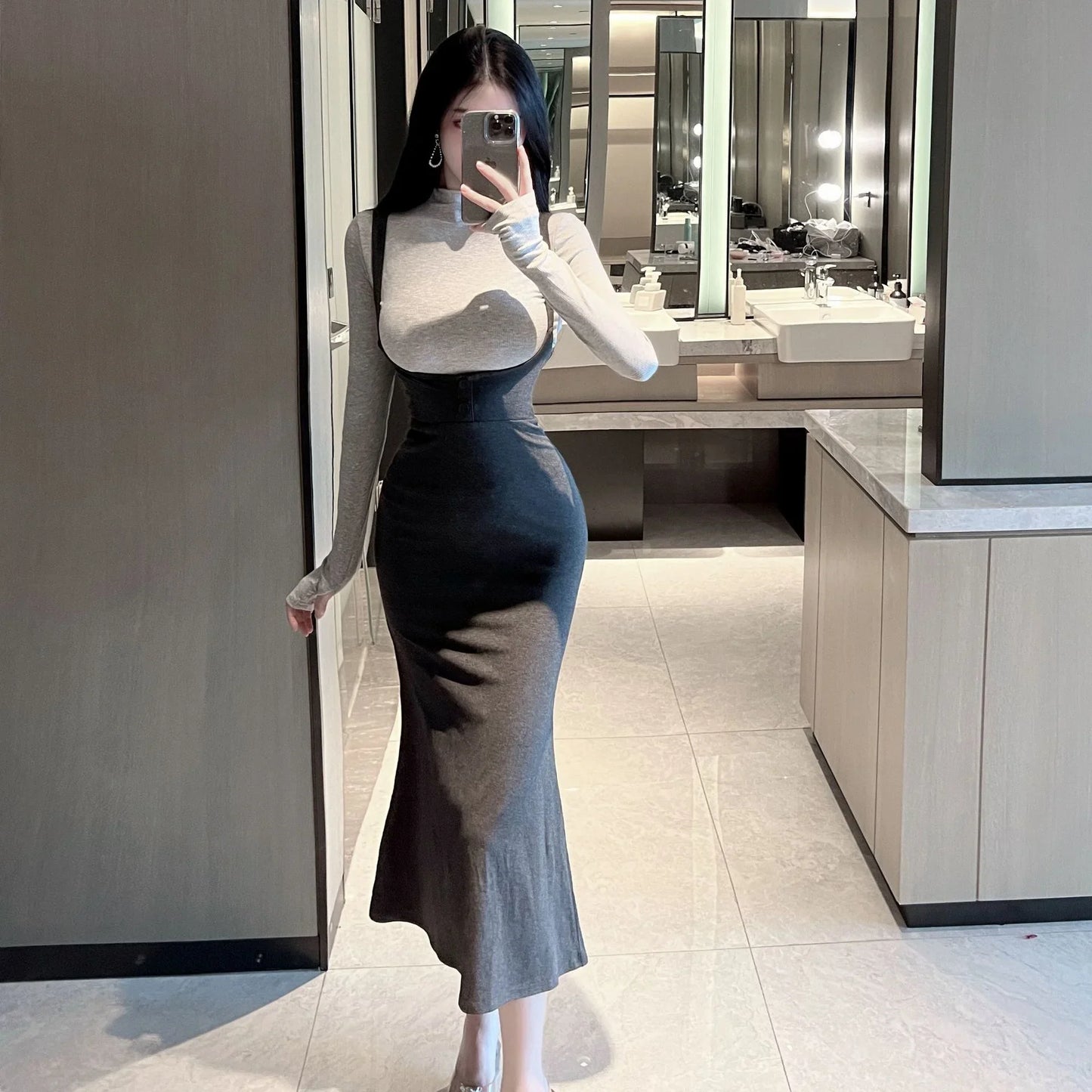 jinran 2024 Spring Autumn Women's Mature Sexy Spicy Girl Long Sleeve Knitted Top Slim Wrap Hip Half Dress Fashion Two Piece Set 0GKC