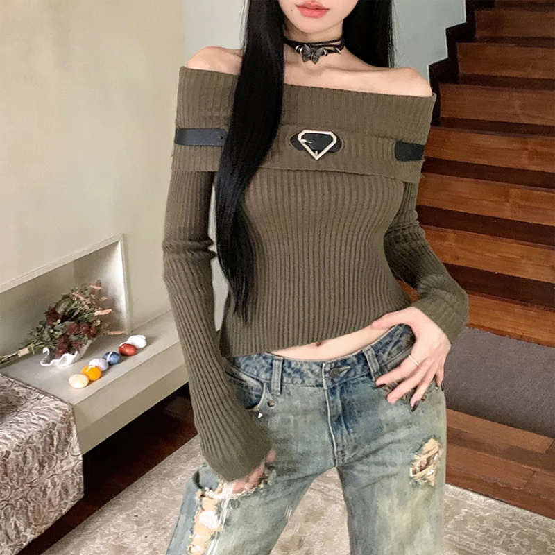 jinran Women Off Shoulder Slash Neck Sweater Long Sleeve Knitwear Solid Pullovers Sexy Girl Street Short Tops Y2k 2024 Fall Winter