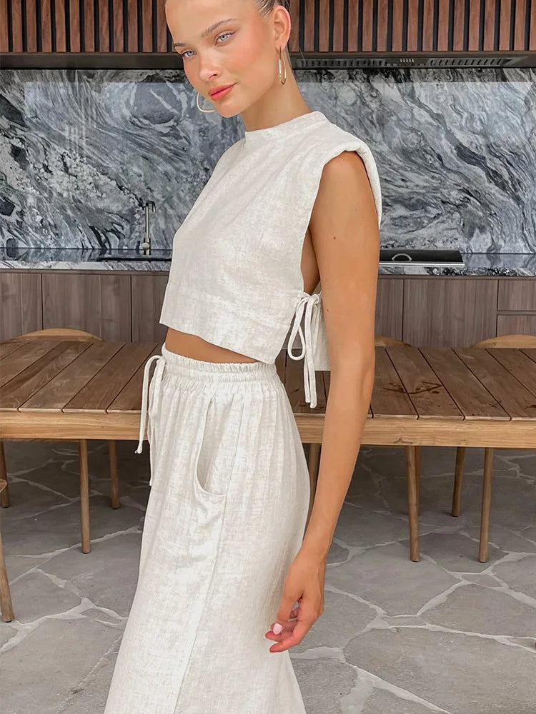 jinran Spring Summer 2024 Women Holiday Linen Pant Set Crop Tops Solid Outfits 2 Two Piece Matching Set For Women