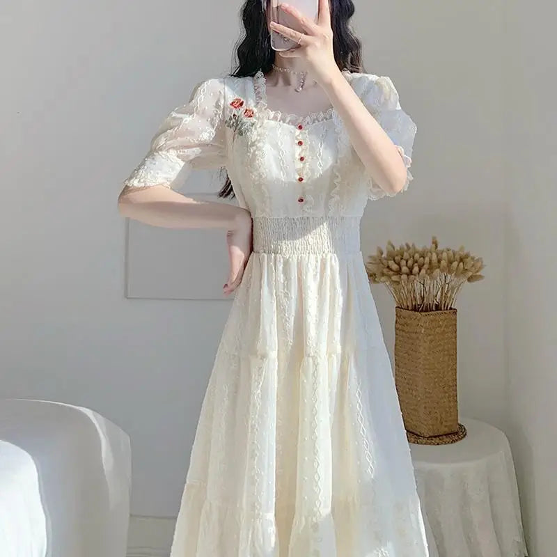 jinran Vintage Lace Fairy Midi Dress Women 2024 Summer French Floral Elegant Party Princess Dress Ladies Party One-piece Dress Korean