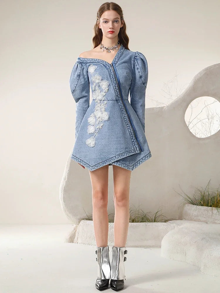 jinran Spring 2024 New Irregular Sexy Cold-Shoulder Mesh Flower Famale Dress New Chinese Style Denim A-LINE Women Dresses