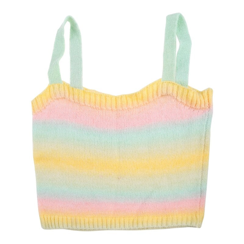 jinran Women Rainbow Striped Crop Tops Female Knitted Sleeveless Tank Tops Summer Camisoles Sweet Girls Casual Party Daily Club Vest