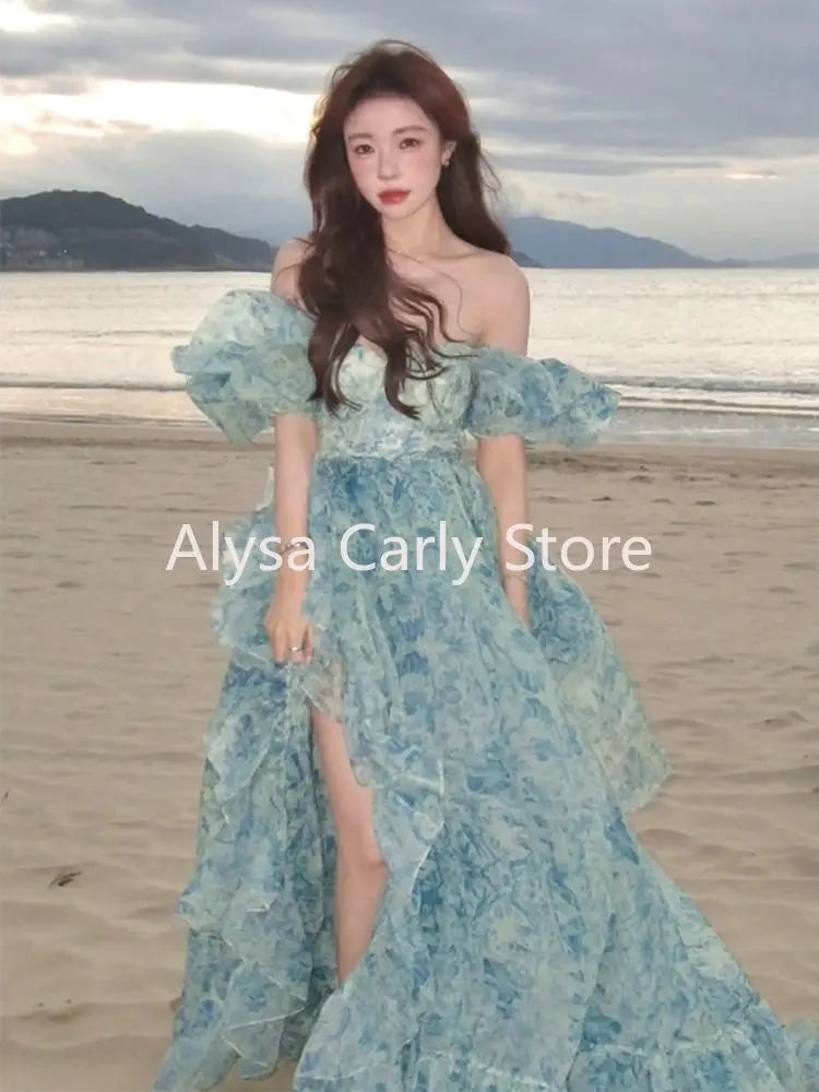 jinran 2024 Summer Vintage Fairy Floral Dress Women Casual Princess Long Split Dress Female Elegant Korean Evening Party Dress Ruffles
