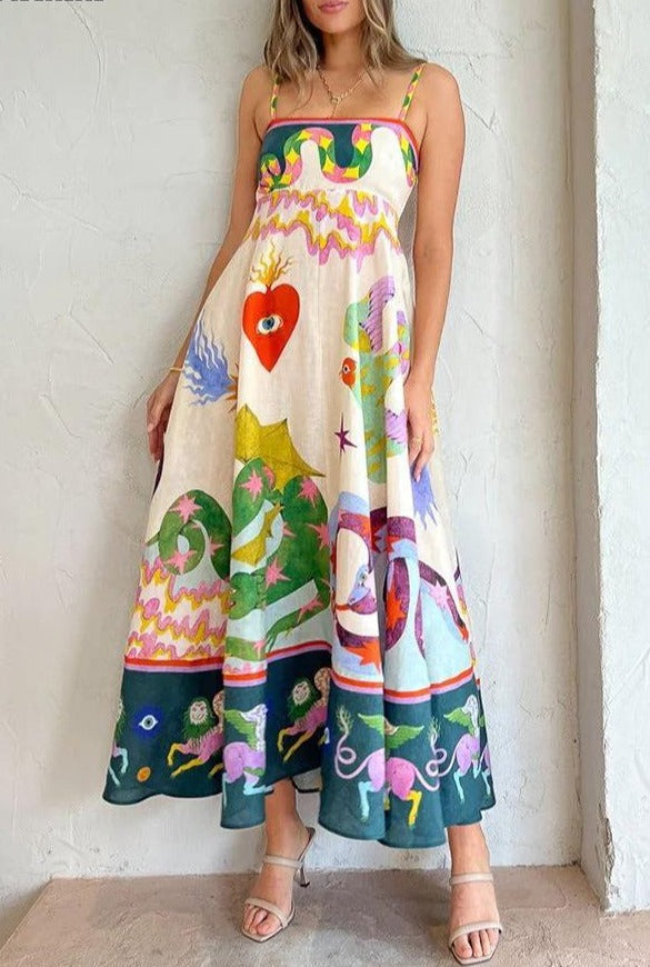 jinran summer new women's fashion casual ribbon color printed sleeveless dress