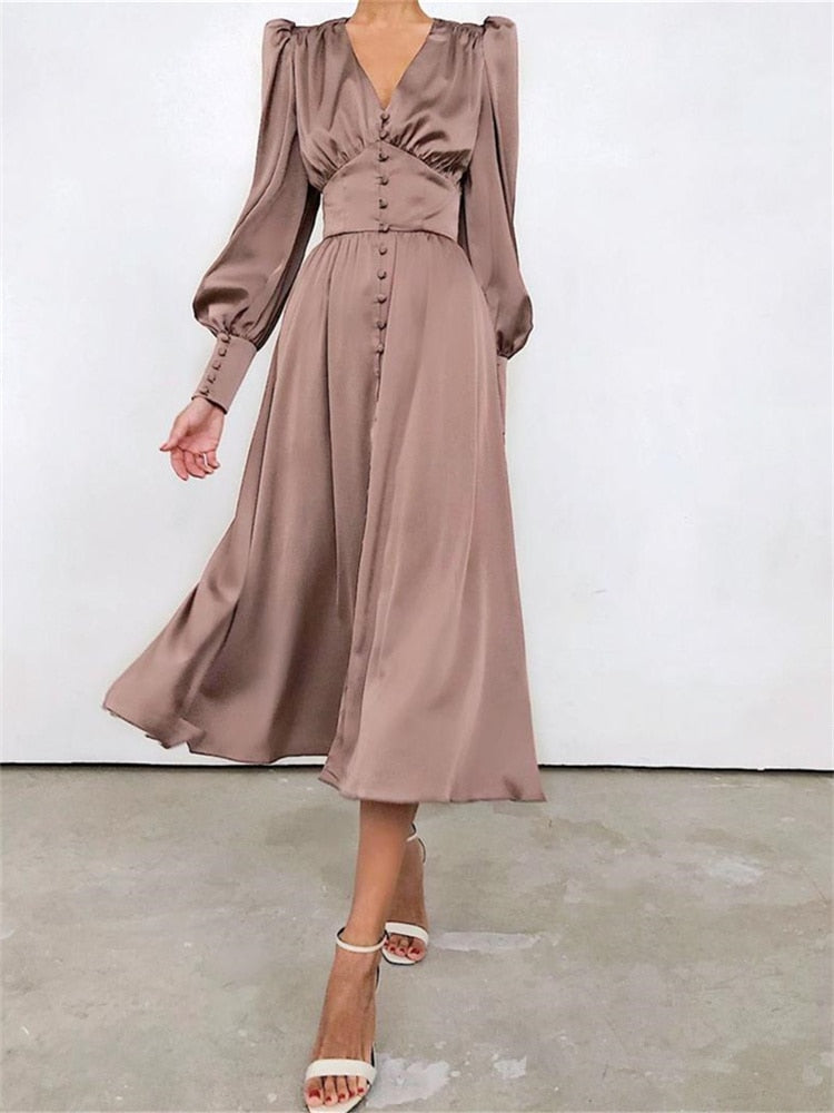 jinran Women Autumn Puff Sleeve Elegant Dress Long Sleeve V Neck Slim Waist Long Dress Korean Fashion Vintage Dresses Female