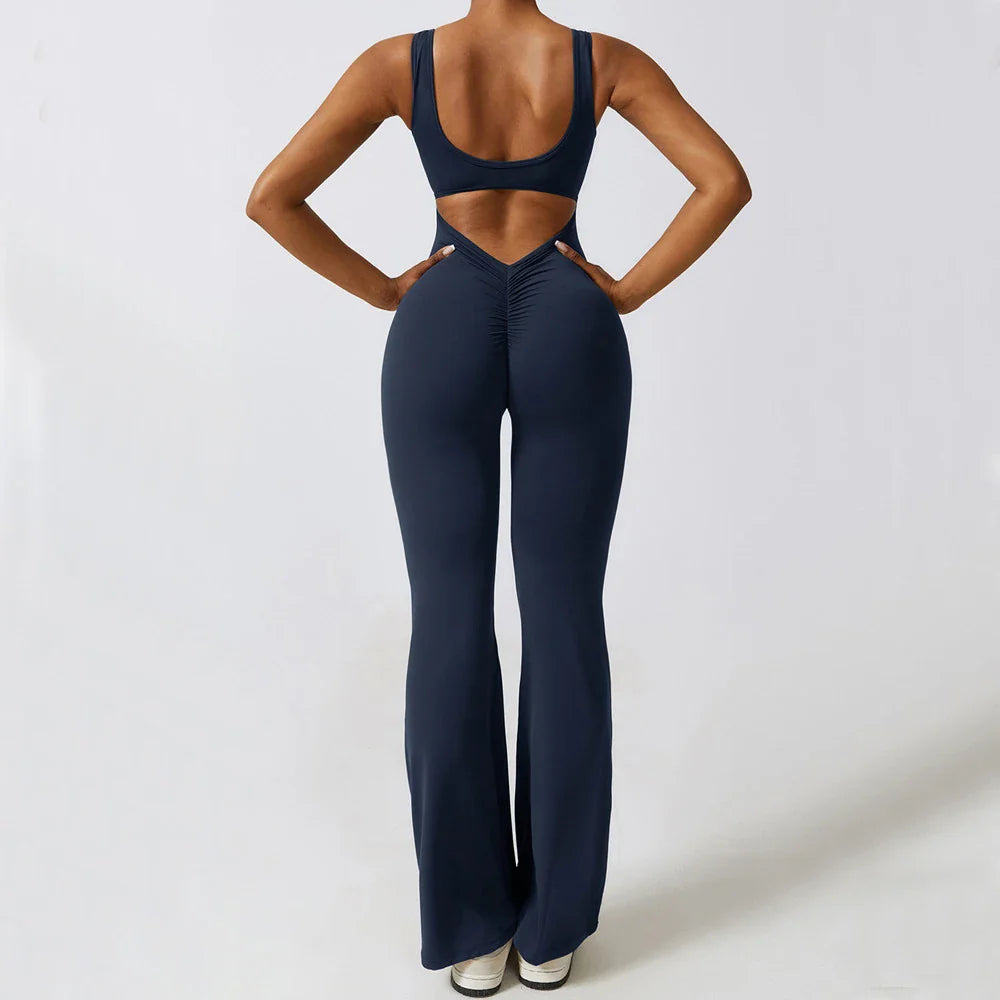 jinran 2024 S-XL Pad Women Gym Yoga Set Sports Rompers Deep V Back Fitness Workout Pant Flare Leggings One Piece Jumpsuit Active Wear