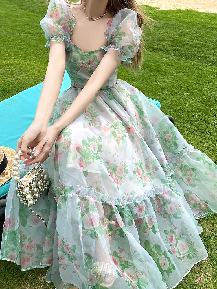 jinran Vintage Floral Evening Midi Maxi Dresses for Women Elegant Casual Party Prom Green Holiday Princess Fairy Long Dress Summer 2024
