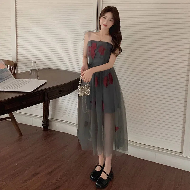jinran Vintage Floral Strap Dress Women Sexy Backless Evening Party Fairy Dress Femme 2022 Spring High Street Korean Beach Casual Dress