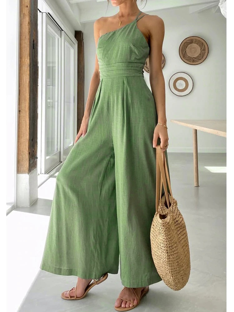 jinran Waist Folds Backless Double Strap Casual Wide Leg Jumpsuit Long Pants Green New Female Loose Jumpsuit