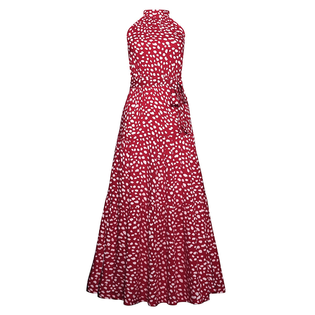 jinran Polka Dots Vintage Women Summer Halter Maxi Boho Dress Sleevless Navy Blue Floral Print Long Sash Beige A-line Beach Casual Robe