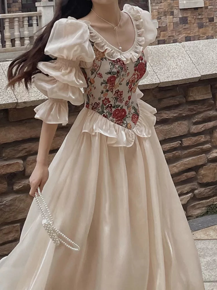 jinran Vintage Elegant Print Floral Dress Women 2024 Autumn O-neck Casual Evening Party Midi Dress Female Puff Sleeve Korea Fairy Dress