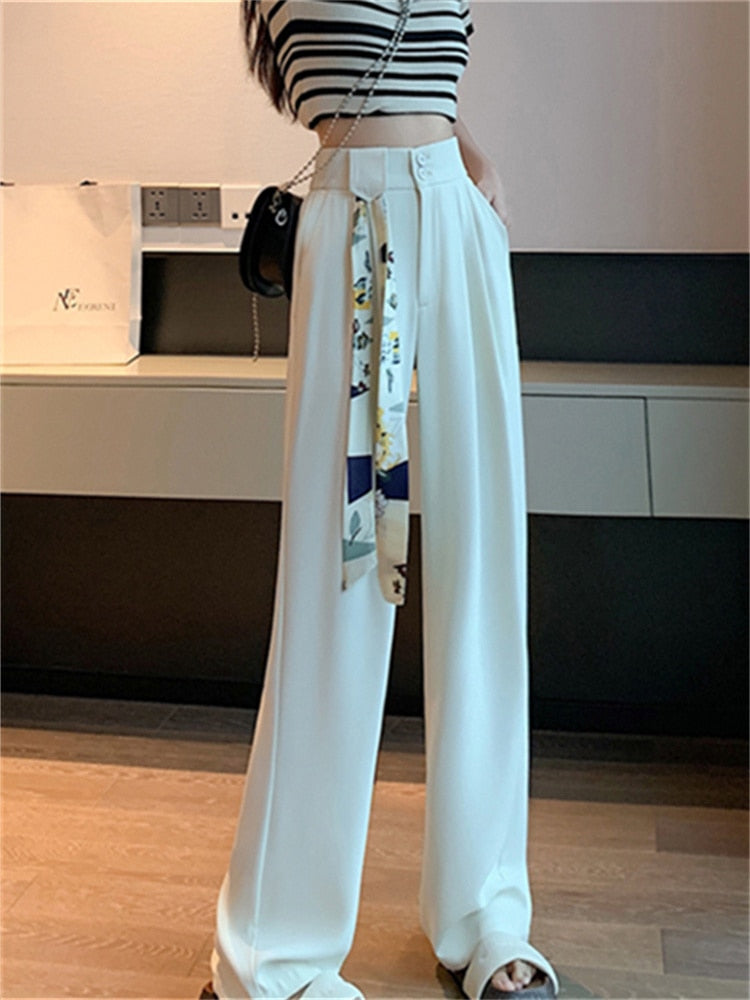 jinran White High Waisted Pants for Women Spring New Korean Fashion Button Up Wide Leg Pants Office Ladies Casual Pants