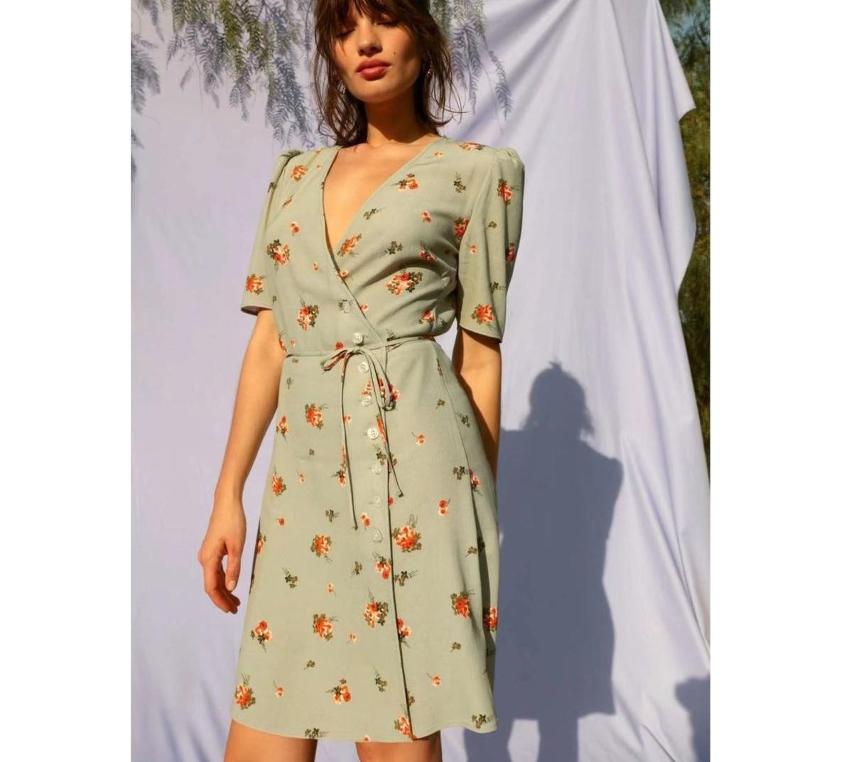 jinran waist Elegant Ladies Dress French Style Robe Summer Women green Floral Print Wrap mini Dress Short Sleeve