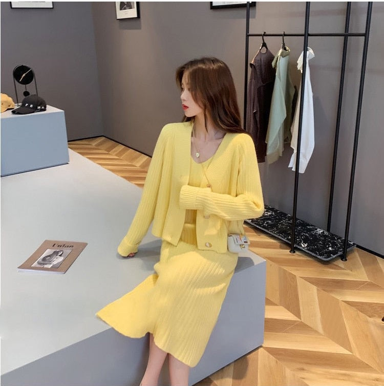 jinran Womans Clothes for Autumn Winter Loose Solid Knitwear Women's Two Piece V-Neck Casual Dress Set Long Sleeve Sweater Skirt