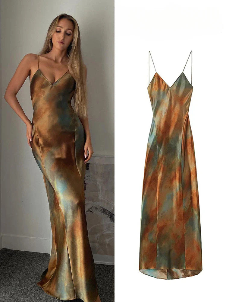 jinran stylish Summer New Fashion Female Elegant Scenery V-Neck Backless Sexy Camisole Dresses Women Chic Slim Sleeveless Long Dresses