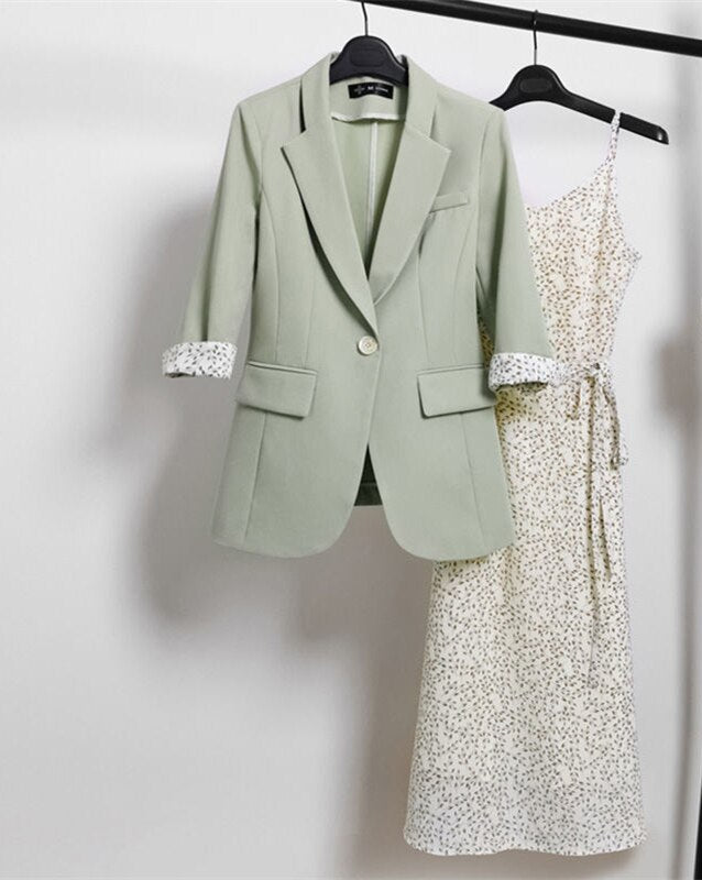 jinran Women's Graceful Spring Summer Work Clothing 2022 Office Lady Thin Suit Coats+Chiffon Print Sling Dress Casual Blazers Female