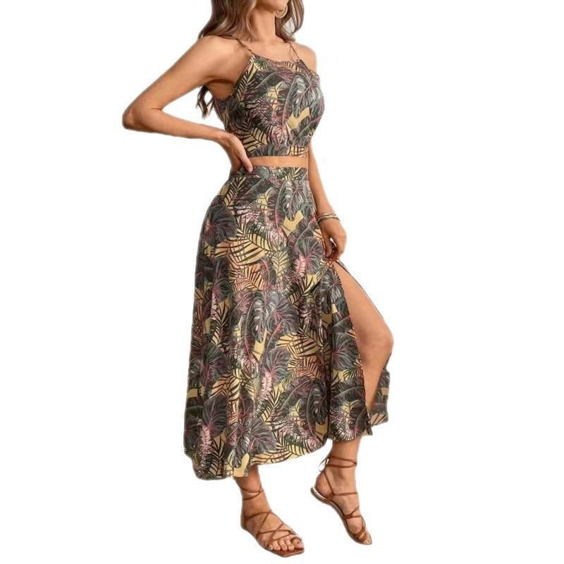 jinran Summer new women's fashion casual halter sleeveless vest print waist dress
