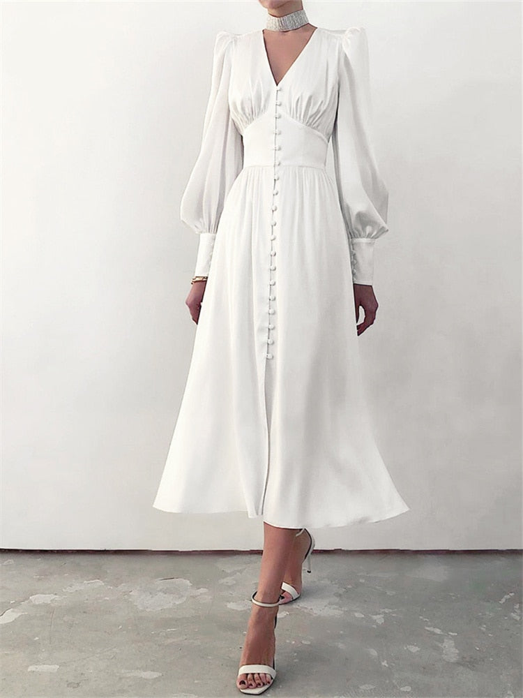 jinran Women Autumn Puff Sleeve Elegant Dress Long Sleeve V Neck Slim Waist Long Dress Korean Fashion Vintage Dresses Female