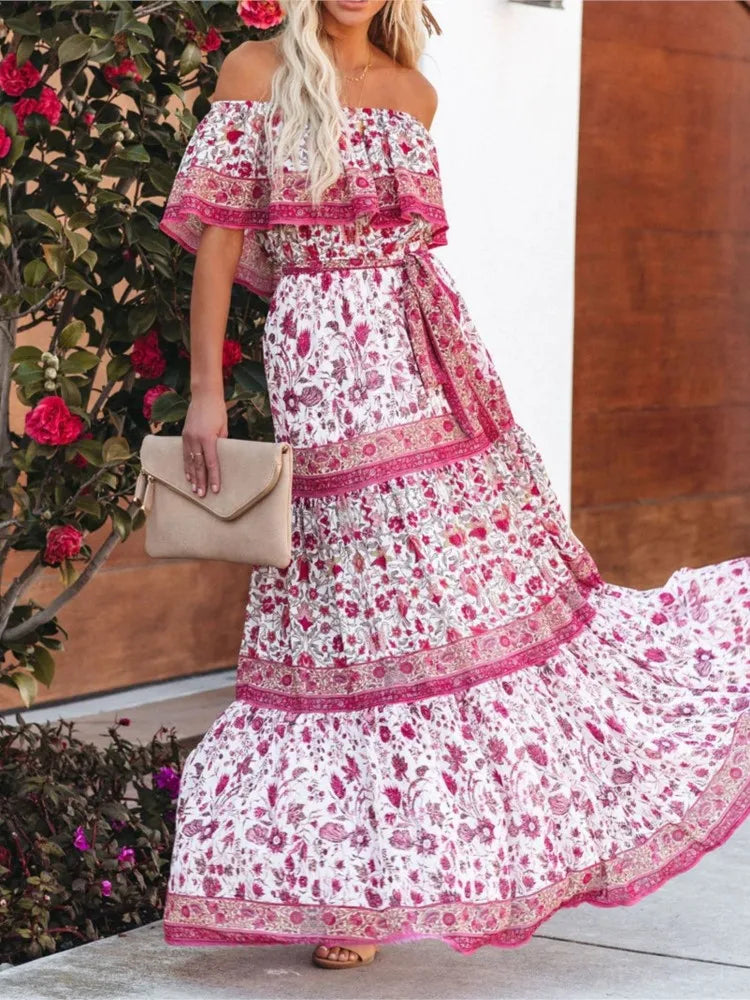 jinran Summer Women Print Boho Dress Fashion Sexy Slash Neck Maxi Dresses For Femme Casual Elegant Party Vestidos Robe 2024 New Female