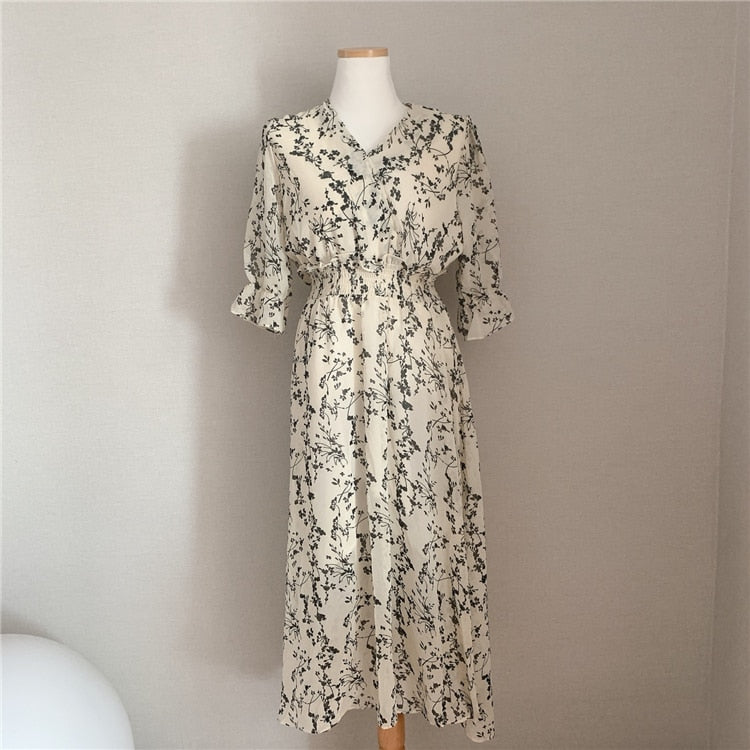 jinran Vintage Korea Fashion Clothing Summer Slim Elastic Waist A Line V Neck Elegant Office Lady Floral Chic Chiffon Long Dress Retro