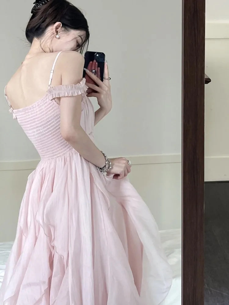 jinran Summer Women Sweet Pink Fairy Chiffon Midi Dress Korean Elegant One-piece A-Line Vestidos Female Clothing Mujers