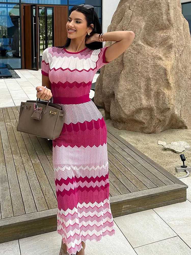 jinran Women Contrast Knitted Slim Maxi Dress Fashion Round Neck Short Sleeve Dresses 2024 Autumn Elegant Lady Vacation Street Vestido