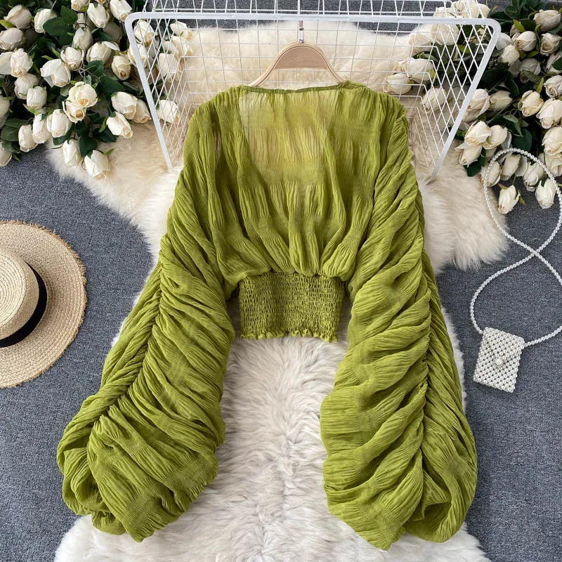 jinran Women Sexy Chiffon Short Blouse Female See Through Super Long Sleeve Blusas Purple/Green/Black/White Folds Party Tops 2024 New