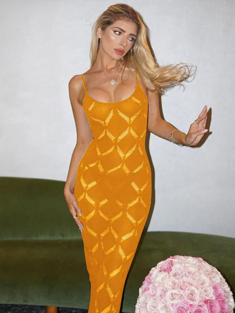jinran Hollow Out Sexy Maxi Dress For Women Summer New Spaghetti Strap Sleeveless Backless Bodycon Long Dress Elegant