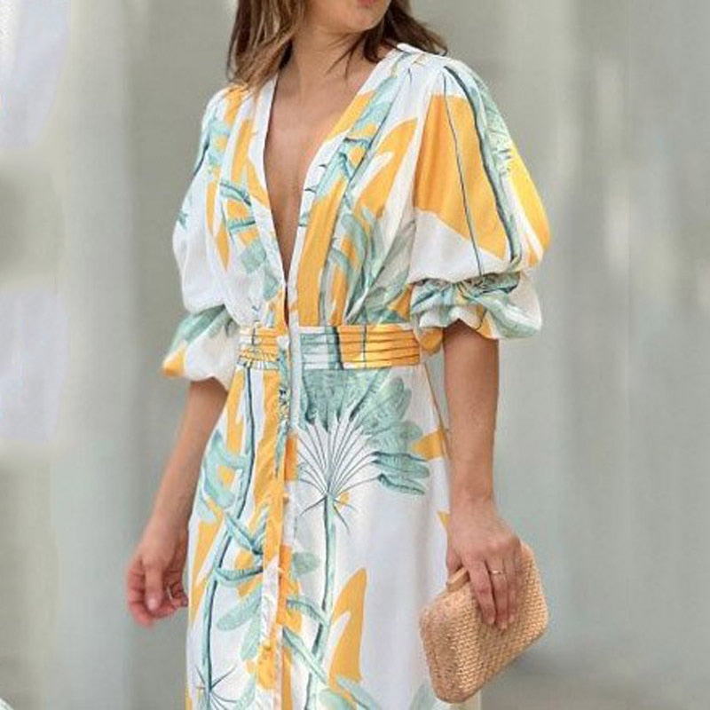jinran Women Maxi Dress Summer Stylish Print Short Puff Sleeve V Neck Nipped Waist Slim Single Row Button Beach Party Dresses