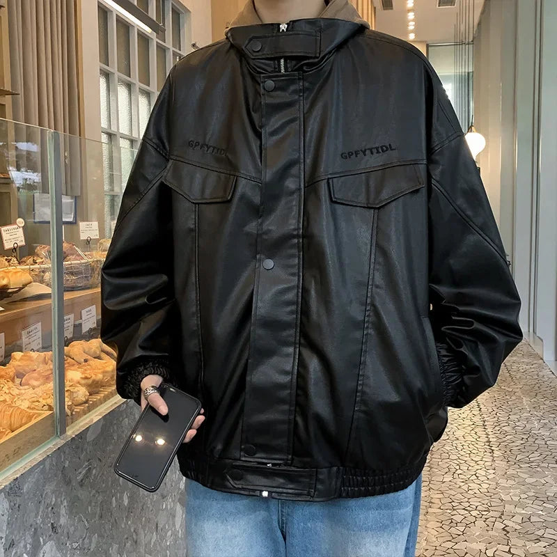 American PU Jacket Men's Embroidered Street Pilot Motorcycle Suit Hiphop Trendy Brand Loose Oversized Ruffian Handsome Top