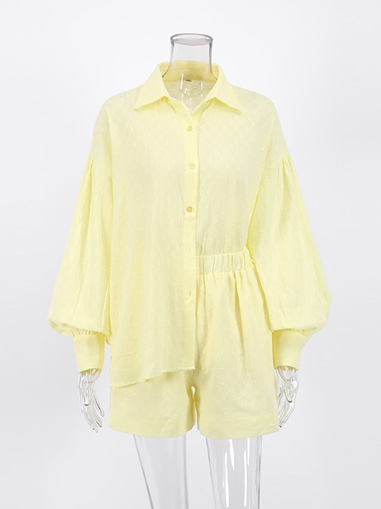 jinran White Elegant Jacquard Fabric Soft Vacation Suits Women Long Sleeves Shirts And Hot Pants Two Pieces Outfits Summer