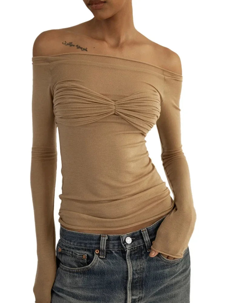 jinran Women Sheer Mesh Crop Top Twist See-Through Mesh Knit Copped Shirt Tops Bustier Off-Shoulder Long Sleeve Summer Hot Tops