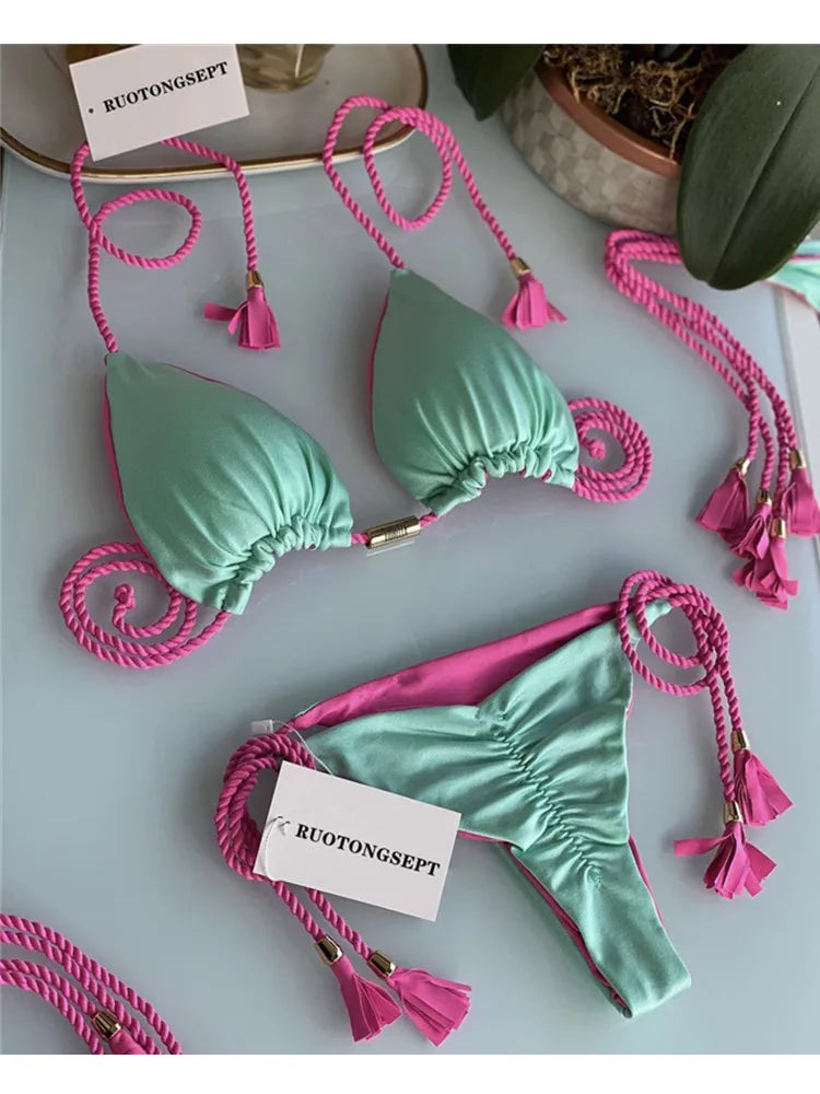jinran Swimwear Thong Bikini Set 2024 New Blue Swimsuits Woman Sexy Bathing Suits Bikinis Triangle Bandage Female Beachwear Bikini