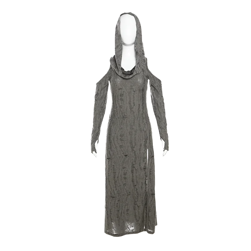 jinran Waste Soil Style Distressed Hooded Dress Elegant Slim Slimming and Shoulder Hollow Design for Women Spring Summer