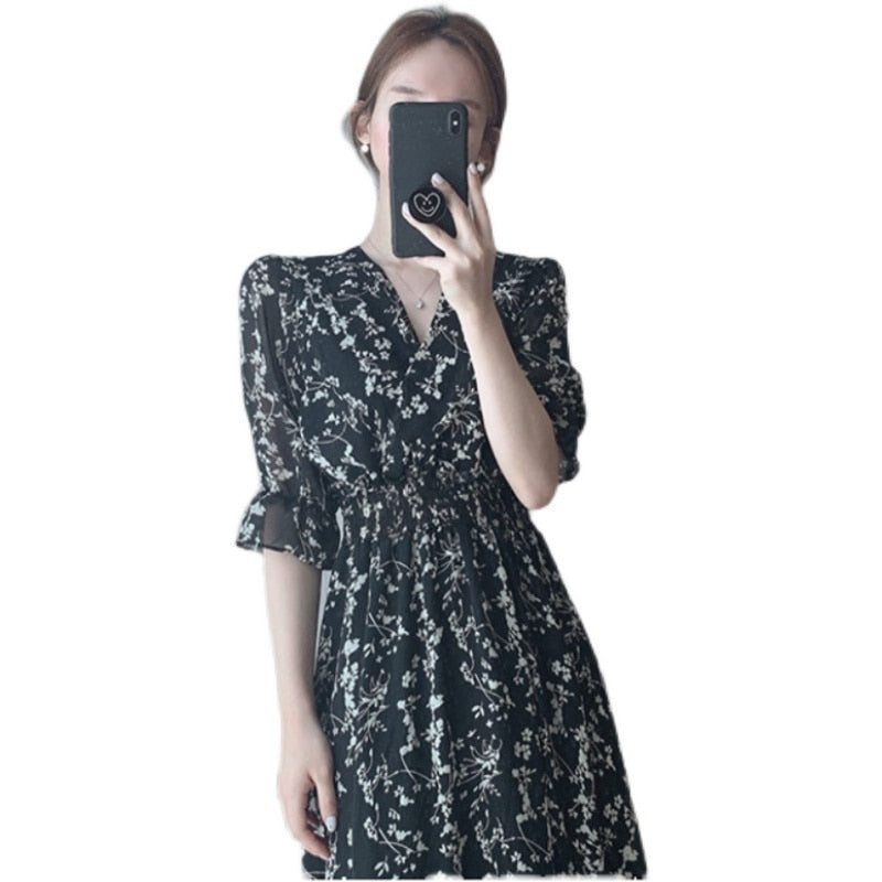 jinran Vintage Korea Fashion Clothing Summer Slim Elastic Waist A Line V Neck Elegant Office Lady Floral Chic Chiffon Long Dress Retro