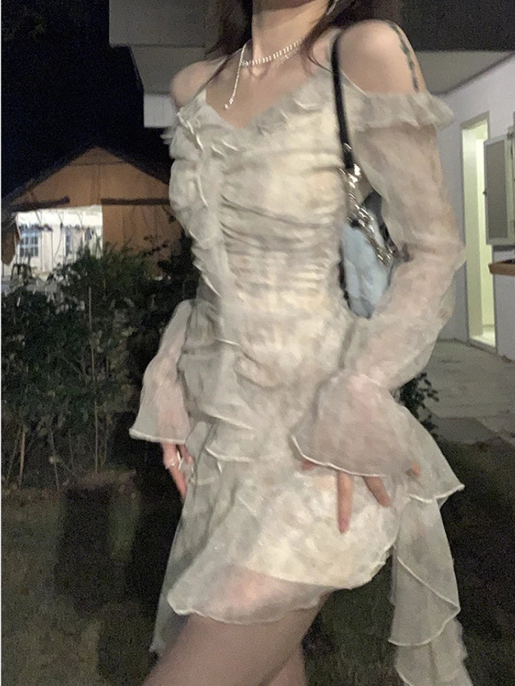 jinran Summer Long Sleeve Floral Fairy Dress Woman Beach Elegant Party Mini Dresses Casual Vintage One Piece Dress Korean Fashion