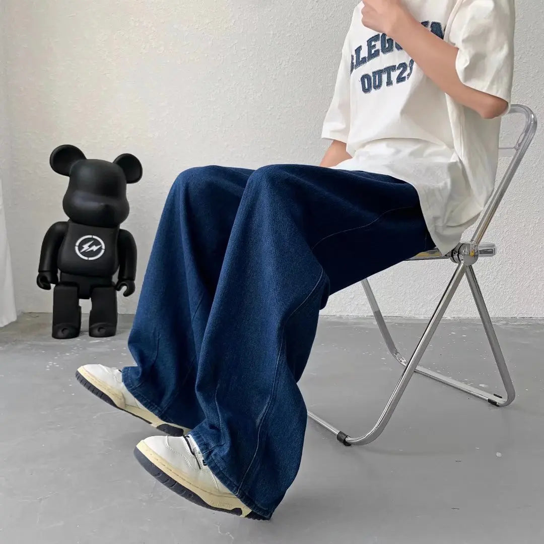 Men's Pure Color Cargo Jeans Simple All-match Wide Leg Pants Trousers Men Hip Hop Streetwear Oversized 90s Vintage Fashion Denim