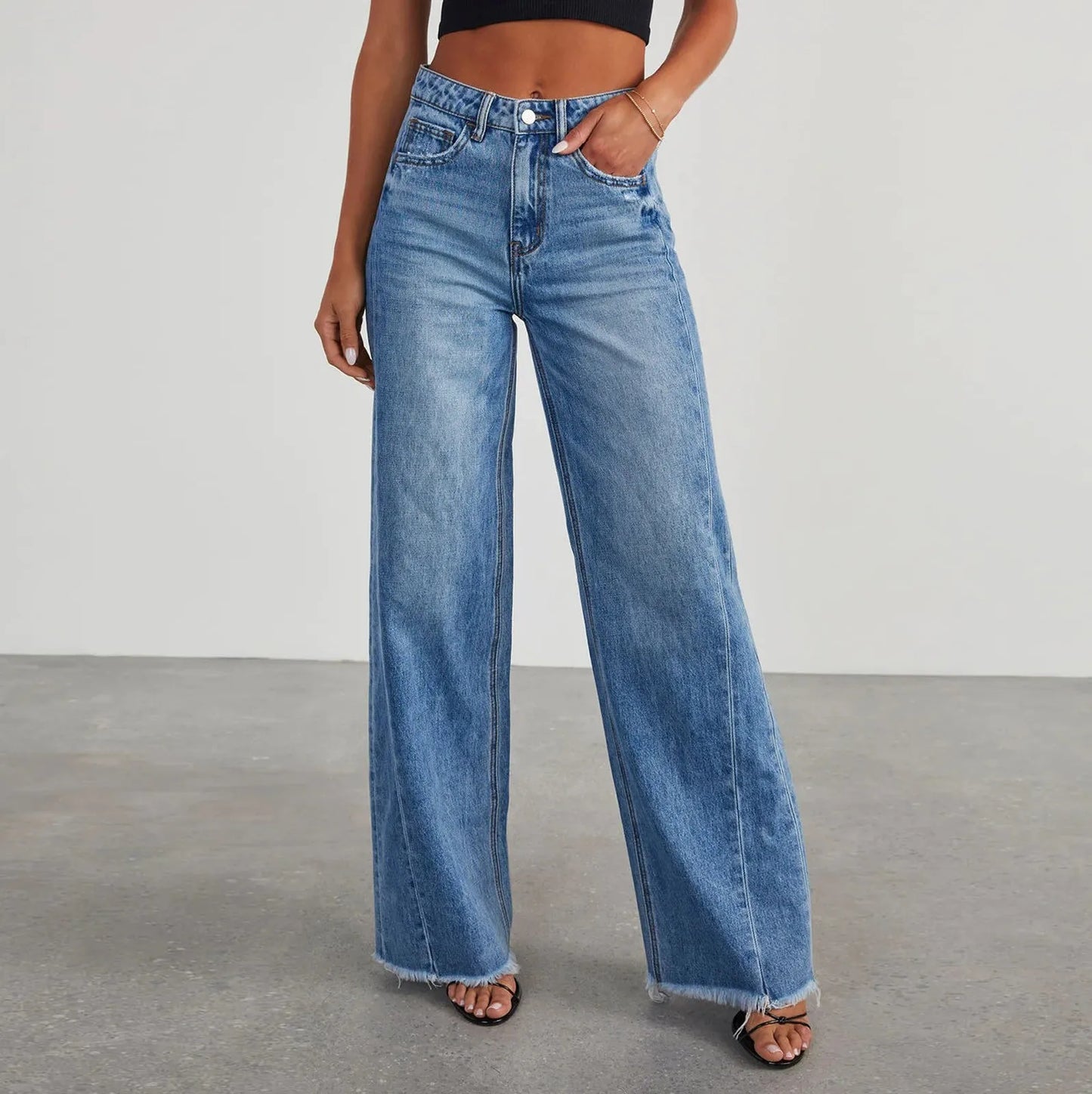 jinran Women Mid Waist Jeans Harajuku Streetwear Retro Fashion Autumn Loose Wide Leg Straight Loose Denim Trousers Y2k Baggy Pants